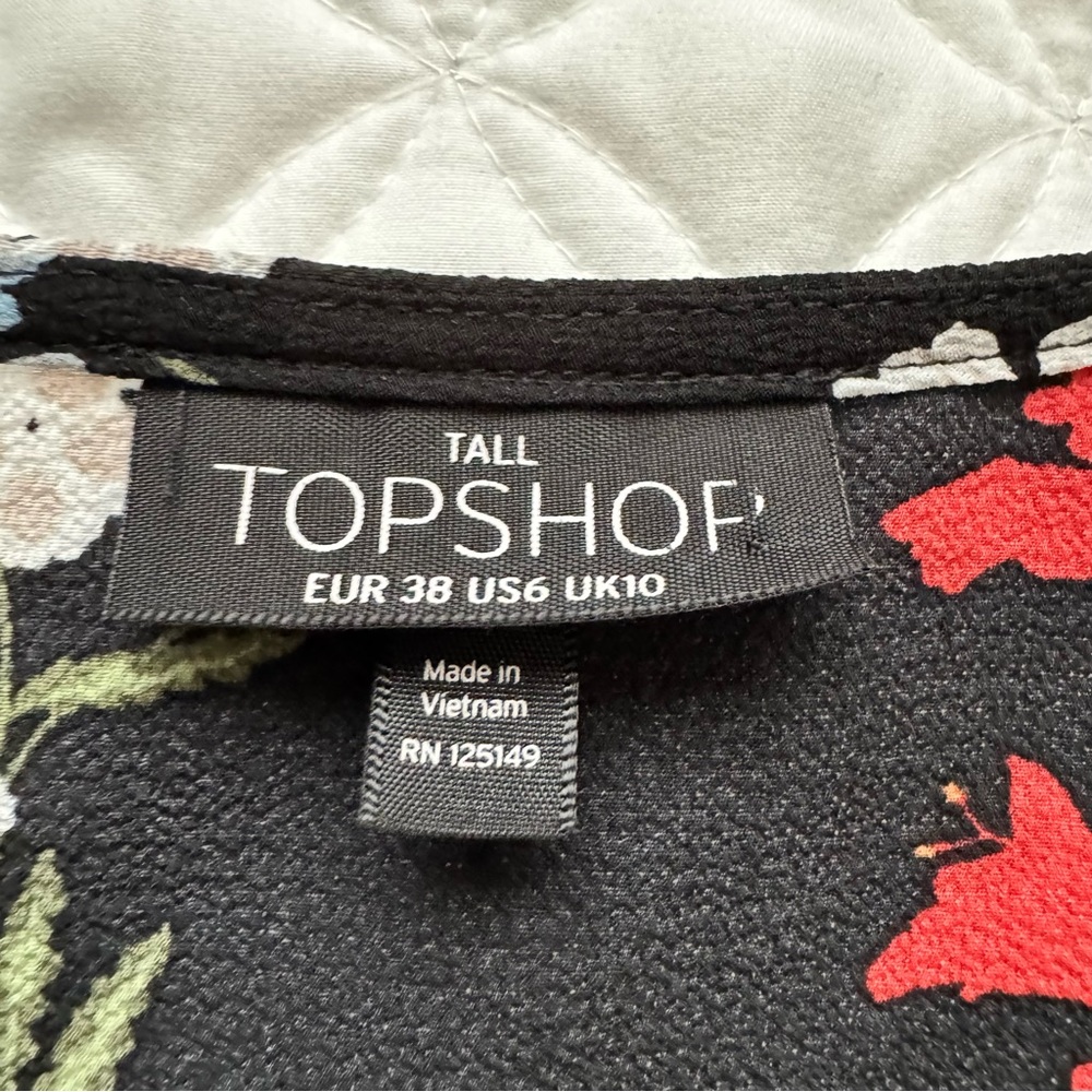 Topshop Black V-Neck Floral Wrap Tie Ruched Elbow Length Sleeve Blouse Sz 6 Tall - Picture 7 of 16